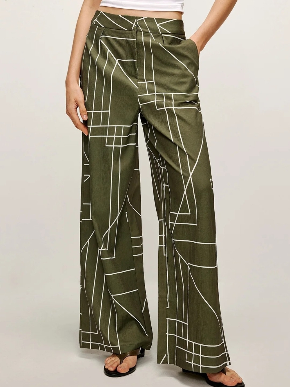 NWT Commense Olive Geometric Wide-Leg Trousers Sz S